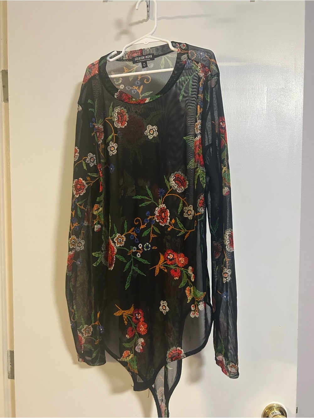Fashion Nova Black Sheer Floral Embroidered Long-Sleeve Dress